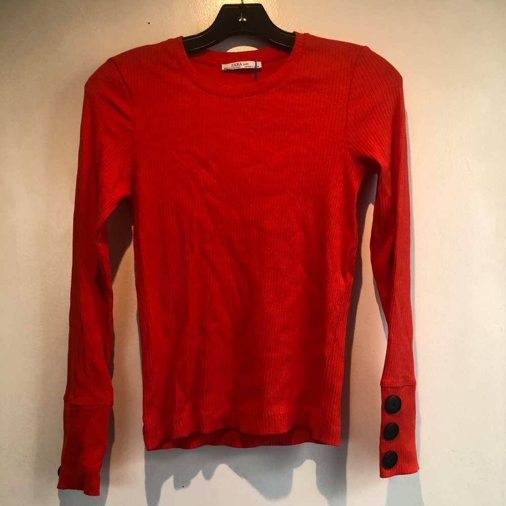 New Slim Fit Red Zara ribbed long sleeve blouse